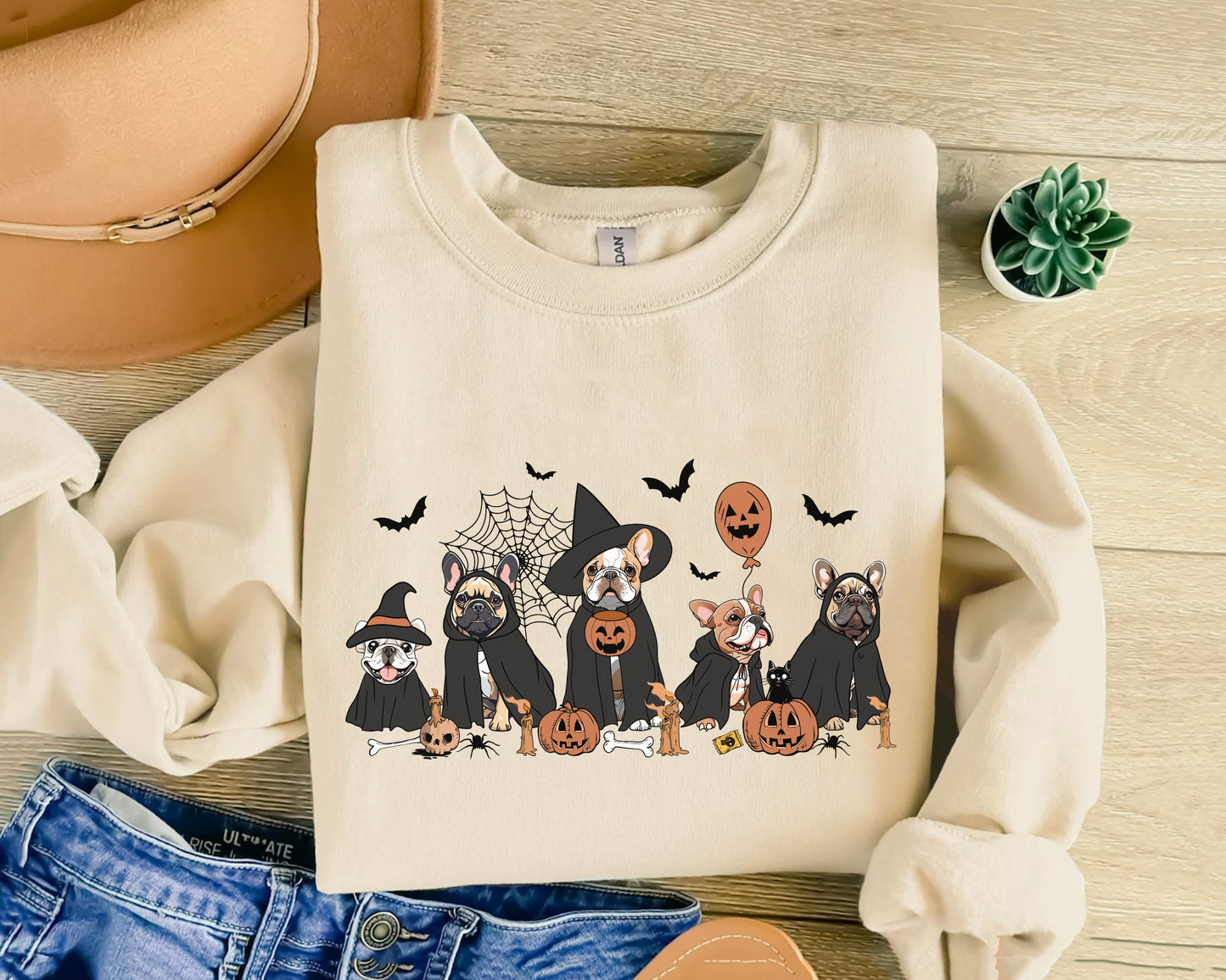 French Bulldog Sweatshirt, French Bulldog Halloween Sweatshirt, Witch French Bulldog Shirt, Halloween Dog Shirt, Ghost And Witch Dog Shirt
