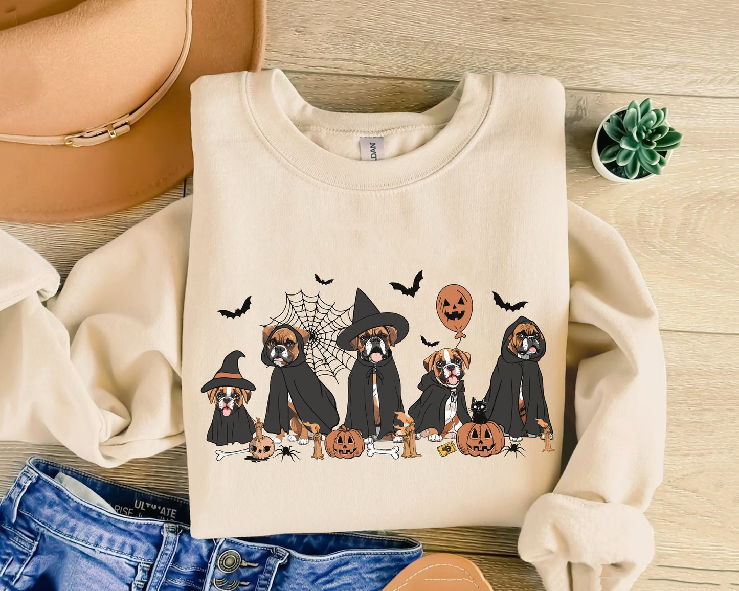 Boxer Sweatshirt, Boxer Halloween Shirt, Witch Boxer Shirt, Witch Dog Shirt, Halloween Dog Shirt, Ghost And Witch Dog Shirt, Halloween Boxer