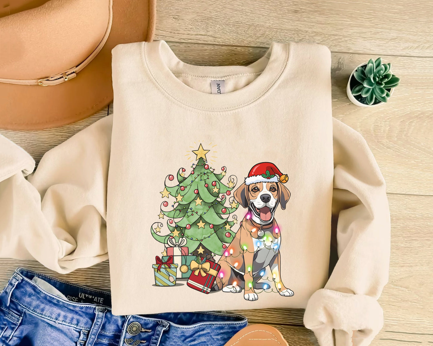 Beagle Christmas Sweatshirt, Beagle Xmas Gift, Beagle Christmas Tree, Beagle Christmas Tree Light Shirt, Beagle Xmas Tee