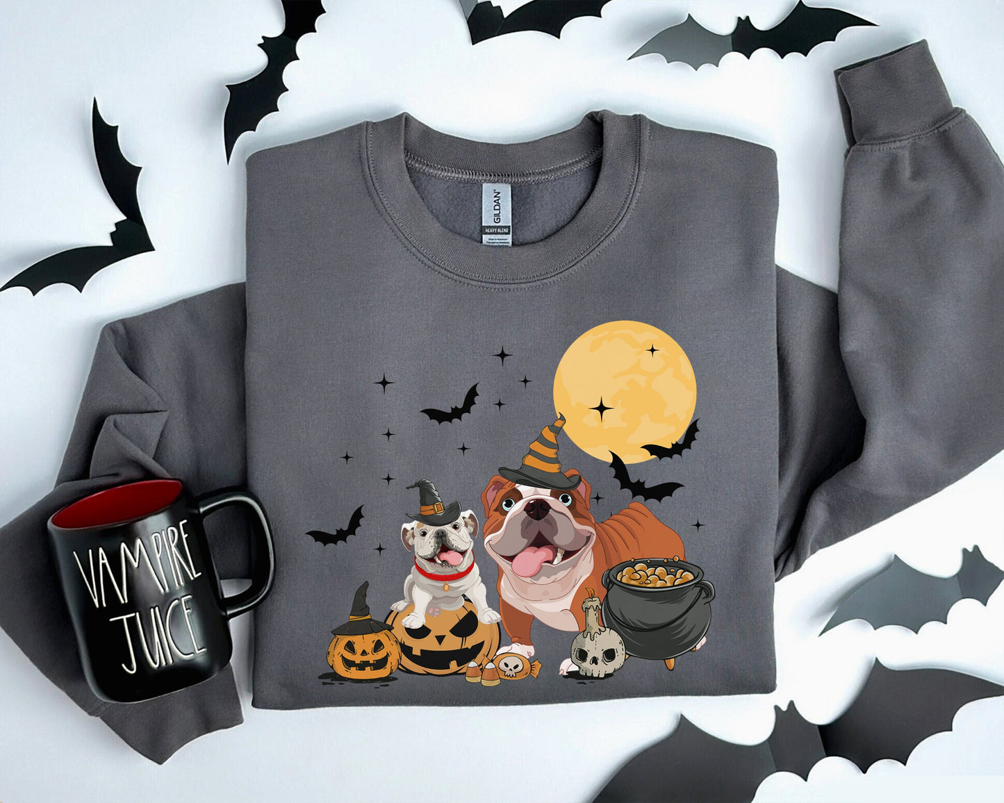 Bulldog Dog And Moon Sweatshirt, Witch Bulldog Halloween Shirt, Ghost Bulldog Shirt, Witch Dog Shirt, Bulldog Halloween Sweatshirt
