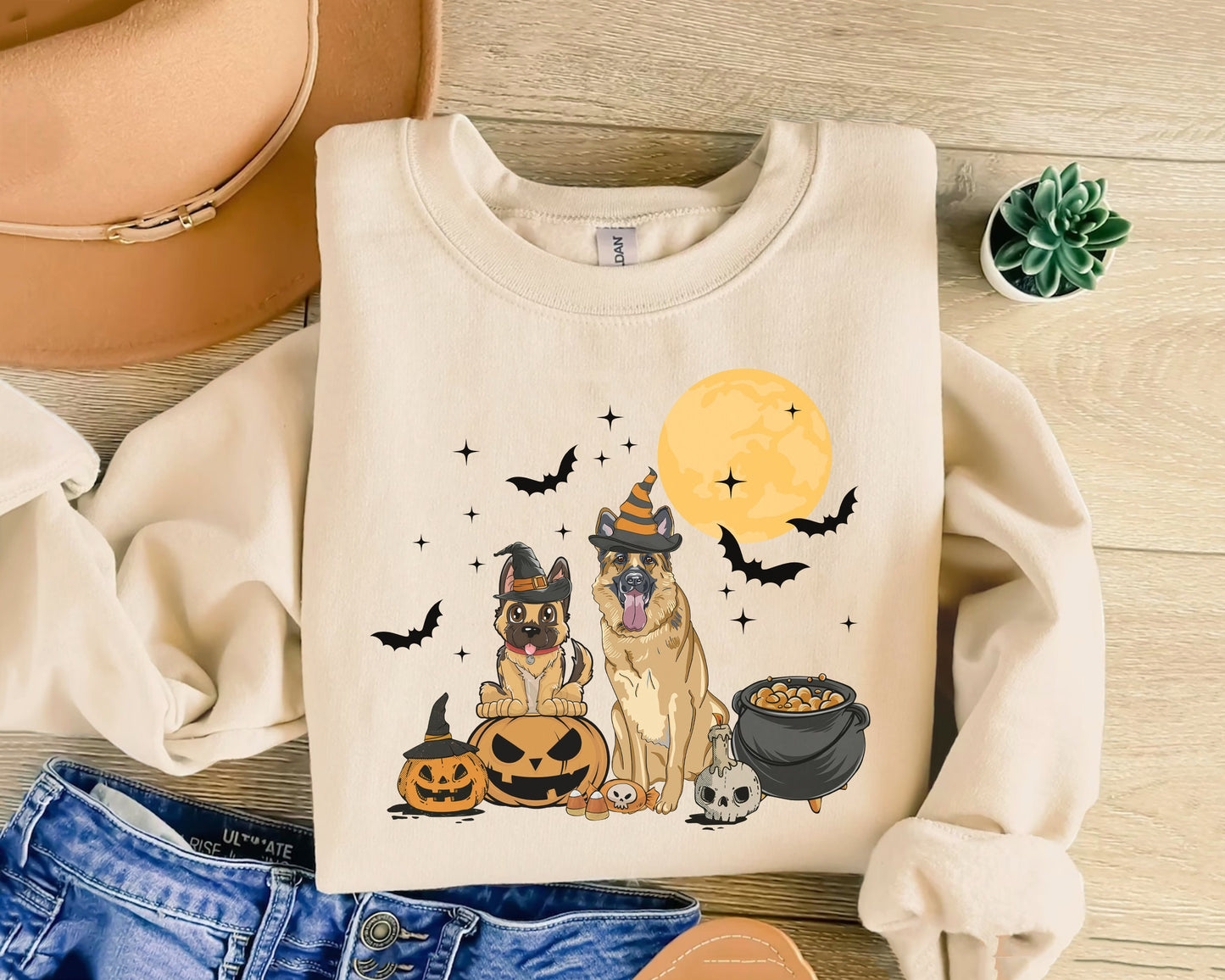 German Shepherd Dog And Moon Sweatshirt, Ghost And Witch German Shepherd Sweatshirt, Witch Chihuahua Shirt, German Shepherd Halloween Shirt
