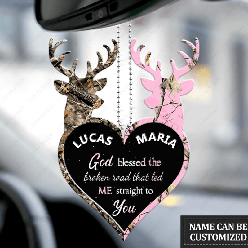 Camo Couple Deer Heart God Blessed Customized Acrylic Car Ornament, Perfect Christmas Gift For Couple
