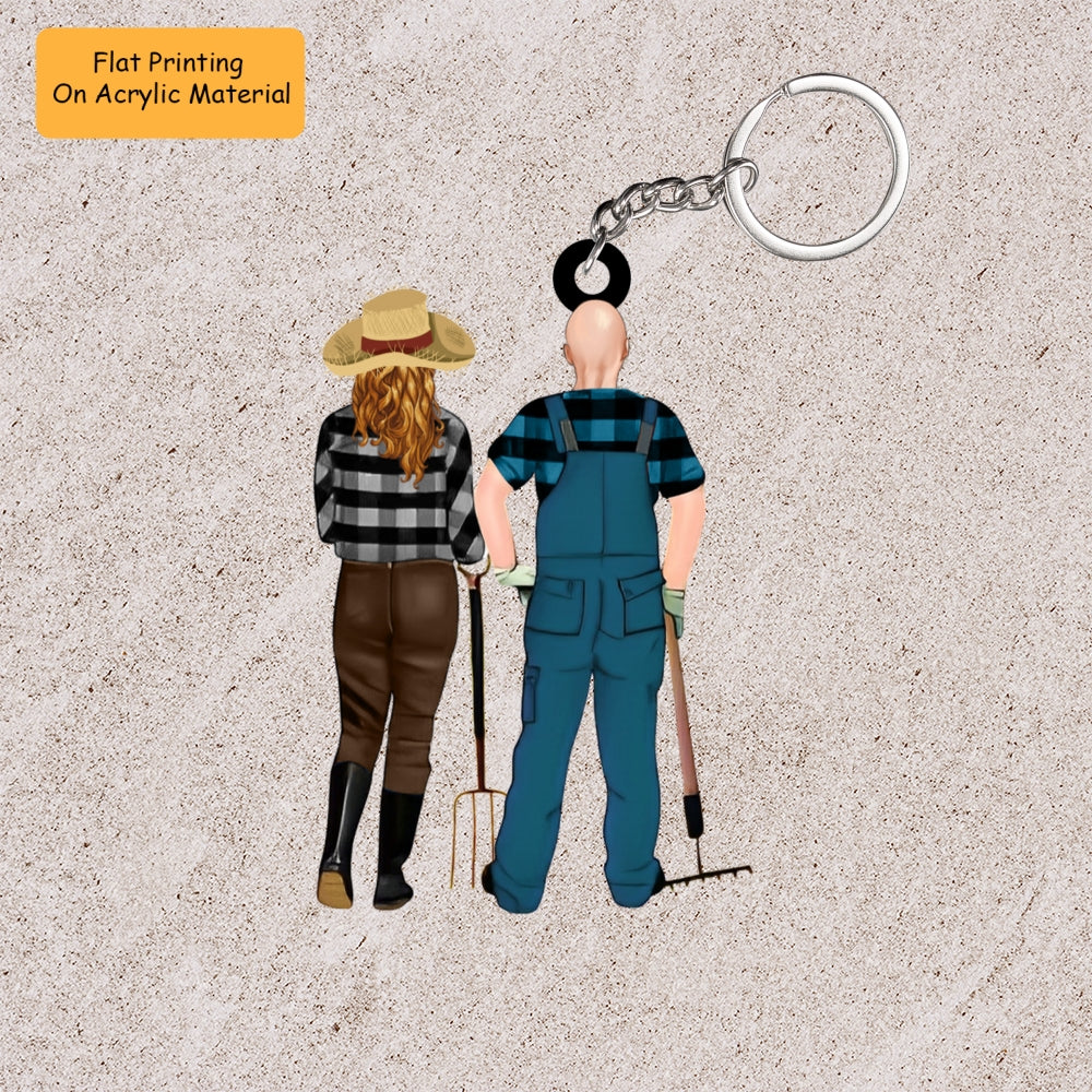 Personalized Farmer Couple Partners Back View Flat Acrylic Keychain, Meaningful Gifts For Farmer Couple Partners Soulmates