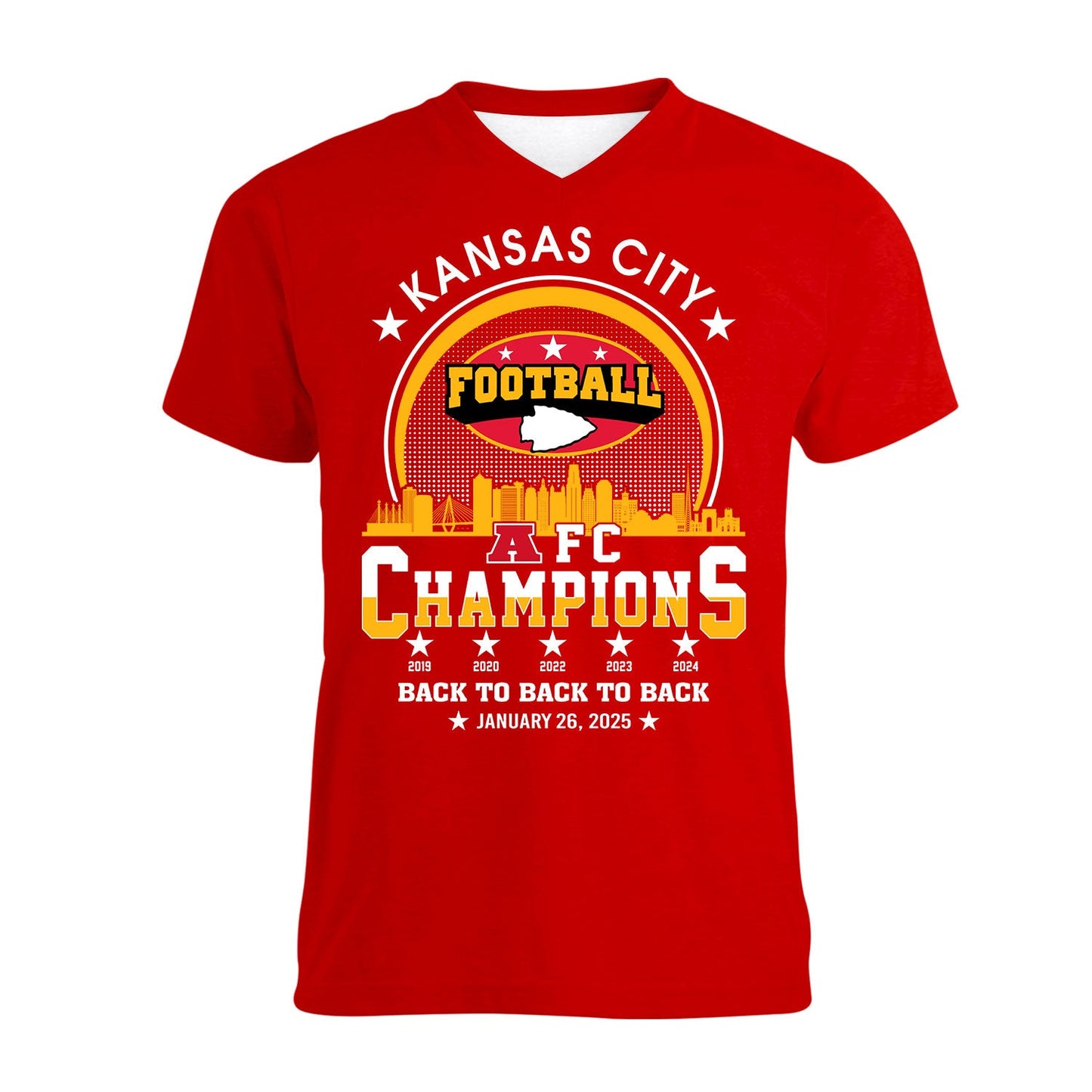 Kansas City Football 2024-2025 AFC Champions V-neck Shirts, The American Football Champs Apparel For Kansas City Football Fans