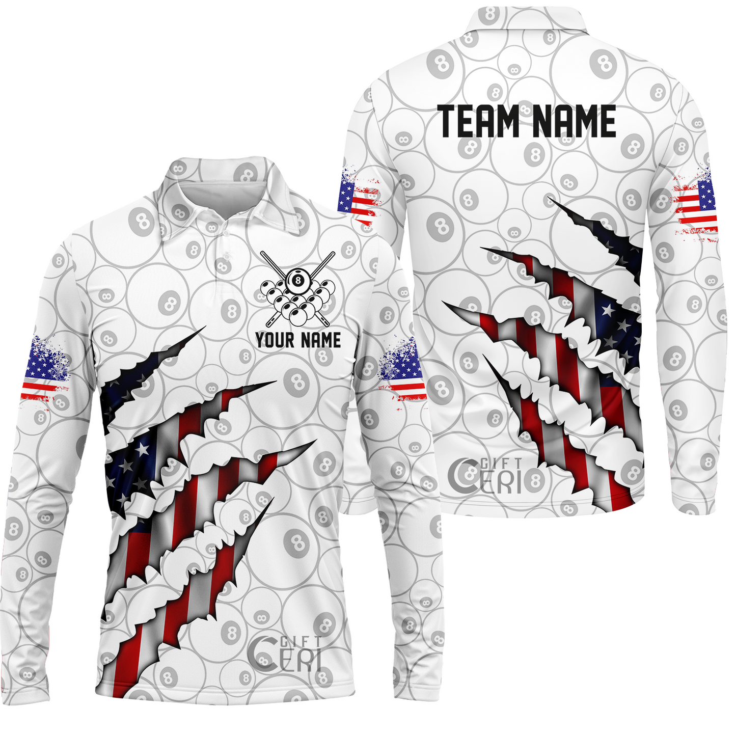 Customized Billiards Long Sleeve Polo Shirt, Personalized American Flag Scratch 8 Ball Jersey Gift For Billiard Players