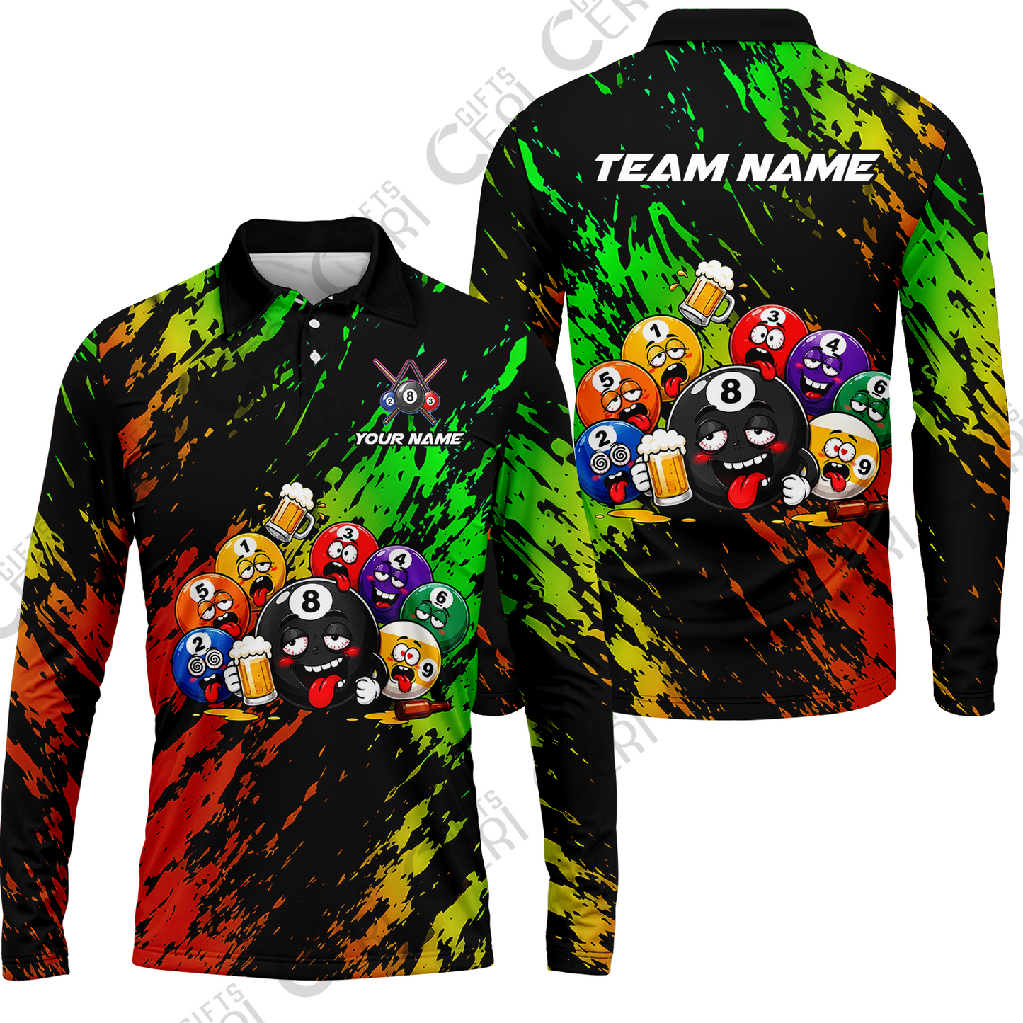 Customized 8 And 9 Ball Pool Long Sleeve Polo Shirt Drunk 8 Ball Holding Beer Billiard Jerseys Custom Name And Team Name