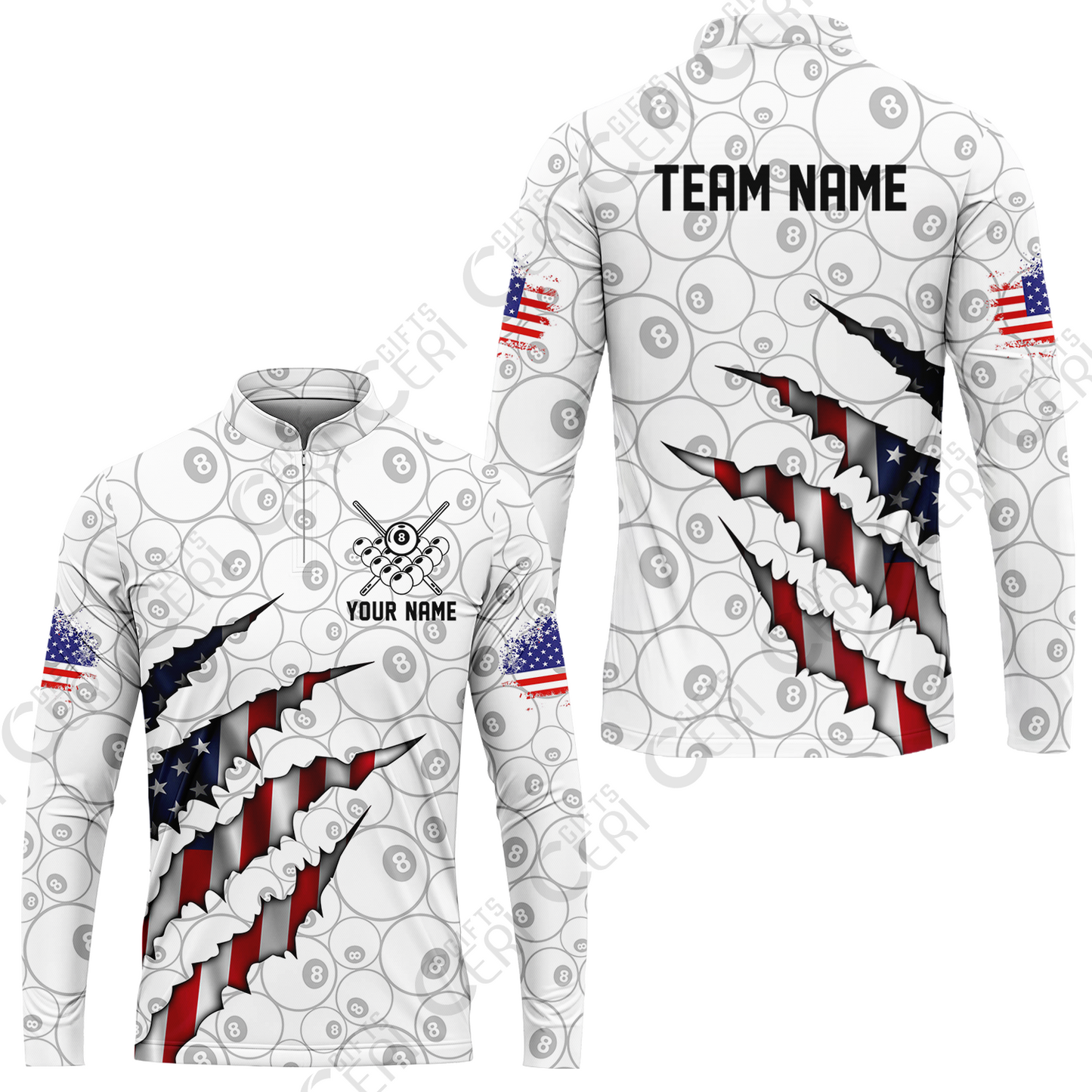 Customized Billiards Stand Collar Quarter-Zip Long Sleeve Jersey, Personalized American Flag Scratch 8 Ball Jersey