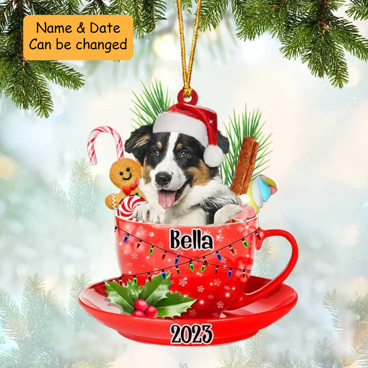 Customized Cute Australian Shepherd Dog Santa Hat In Red Cup Acrylic Ornament, Christmas Gifts Ornament for Dog Lover