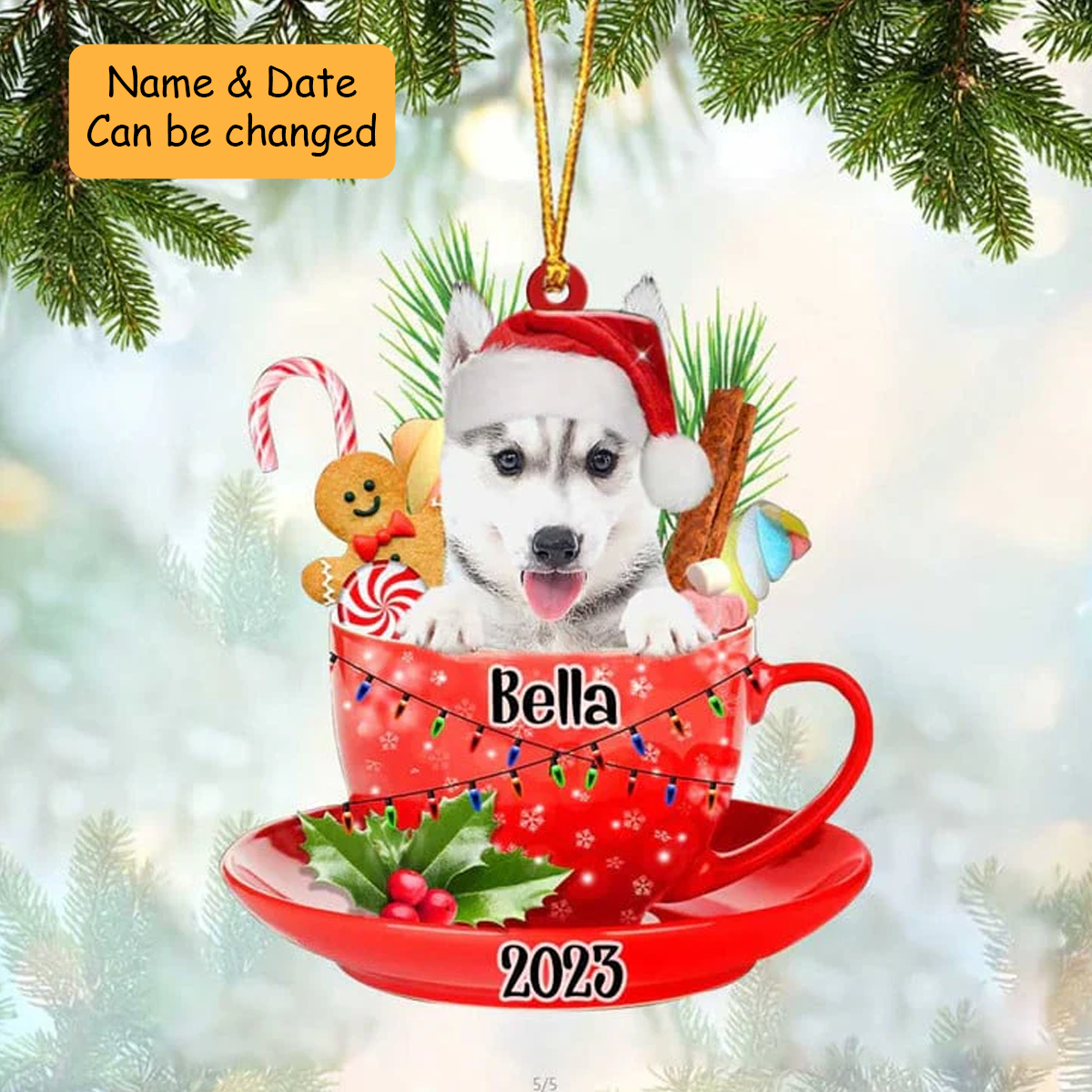Customized Awesome Husky Dog Santa Hat In Red Cup Acrylic Ornament, Christmas Gifts Ornament for Dog Lover