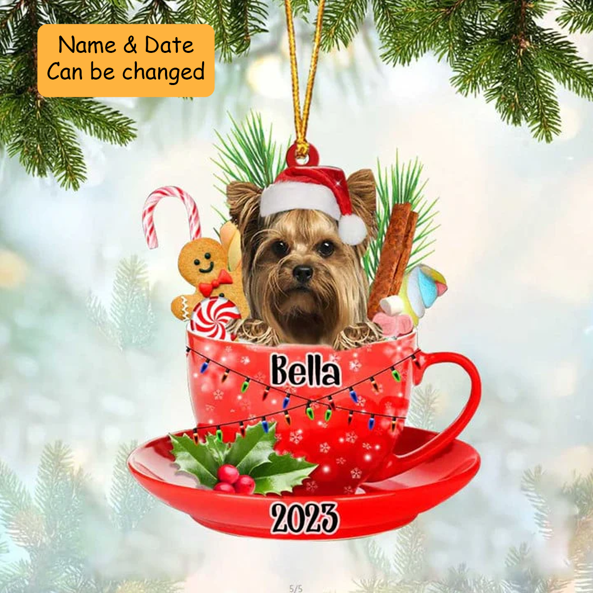 Customized Awesome Yorkshire Dog Santa Hat In Red Cup Acrylic Ornament, Christmas Gifts Ornament for Dog Lover