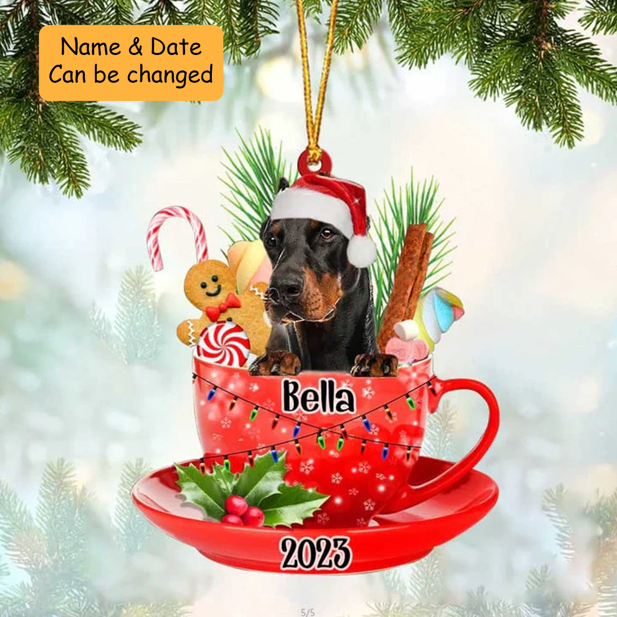 Customized Awesome Doberman Dog Santa Hat In Red Cup Acrylic Ornament, Christmas Ornament for Dog Lover