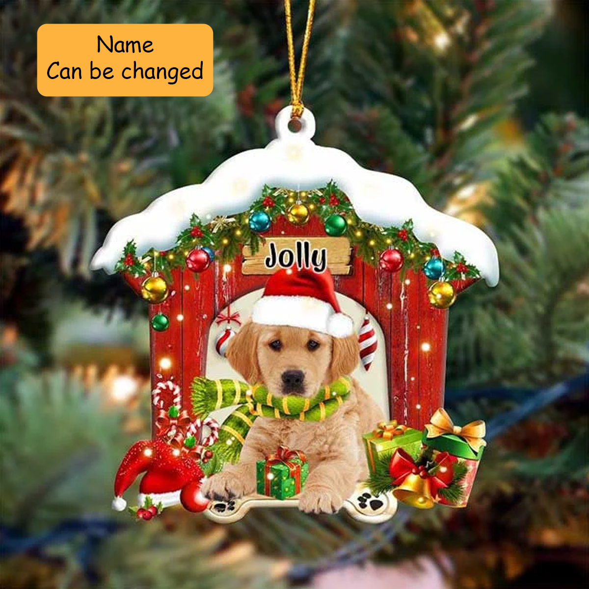 Personalized Name Golden Retriever In Red Wood House Acrylic Ornament Christmas Gift For Dog Lovers, Dog Mom