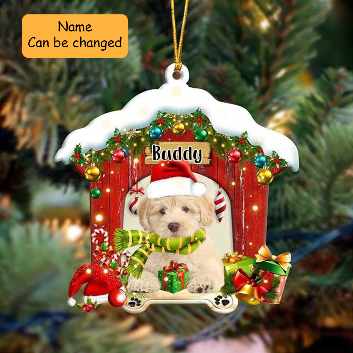 Customized Name Goldendoodle In Red Wood House Acrylic Ornament Christmas Gift For Dog Lovers, Dog Mom