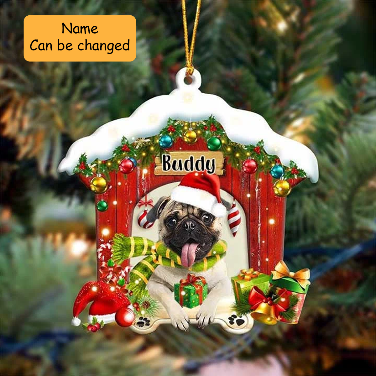 Customized Name Pug In Red Wood House Acrylic Ornament Christmas Gift For Dog Lovers, Dog Mom