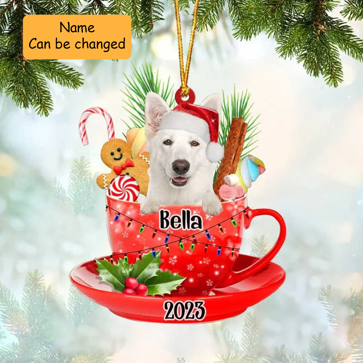 Personalized Name Awesome White German Shepherd Dog Santa Hat In Red Cup Acrylic Ornament, Christmas Gifts Ornament for Dog Lover