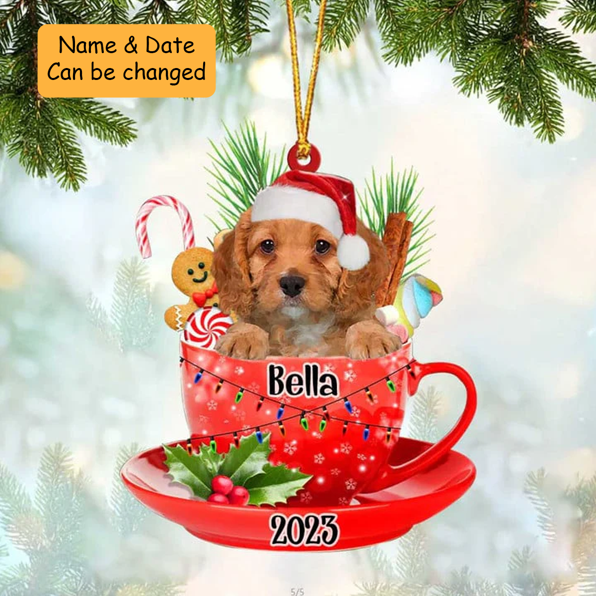 Customized Cavapoo & Santa Hat In Red Cup Acrylic Ornament, Christmas Gifts Ornament for Dog Lover