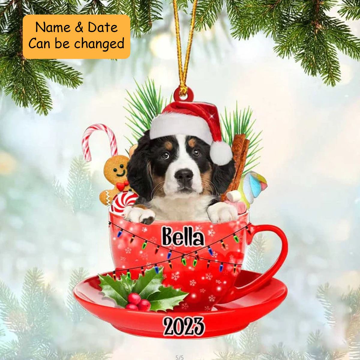 Customized Bernese Mountain & Santa Hat In Red Cup Acrylic Ornament, Christmas Gifts Ornament for Dog Lover