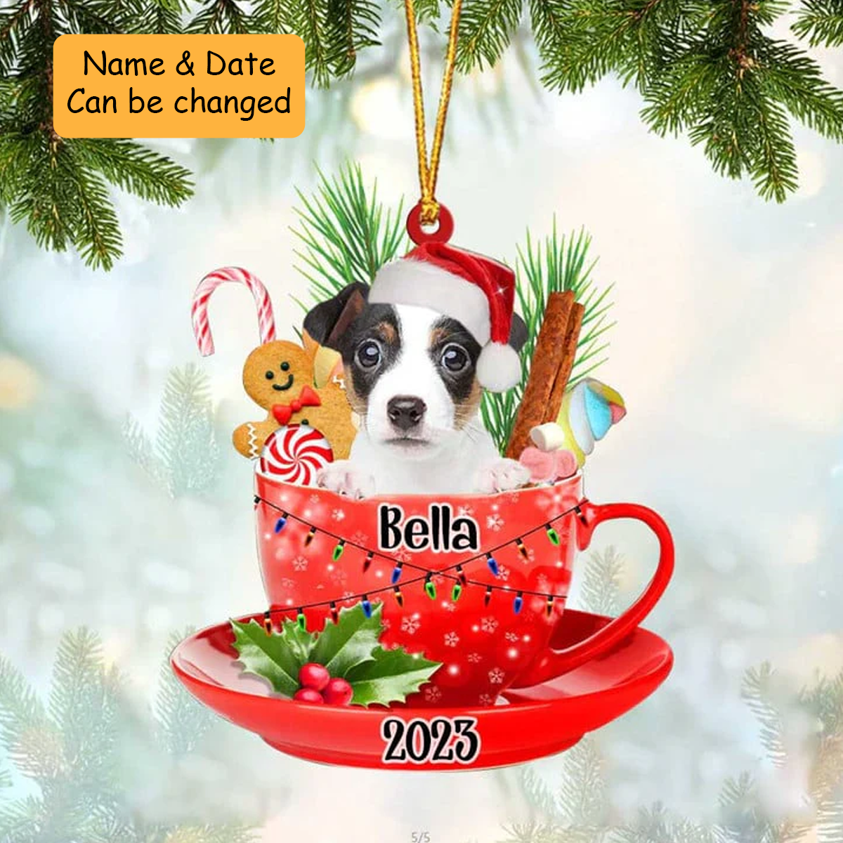 Customized Awesome Jack Russell Terrier Dog Santa Hat In Red Cup Acrylic Ornament, Christmas Gifts Ornament for Dog Lover