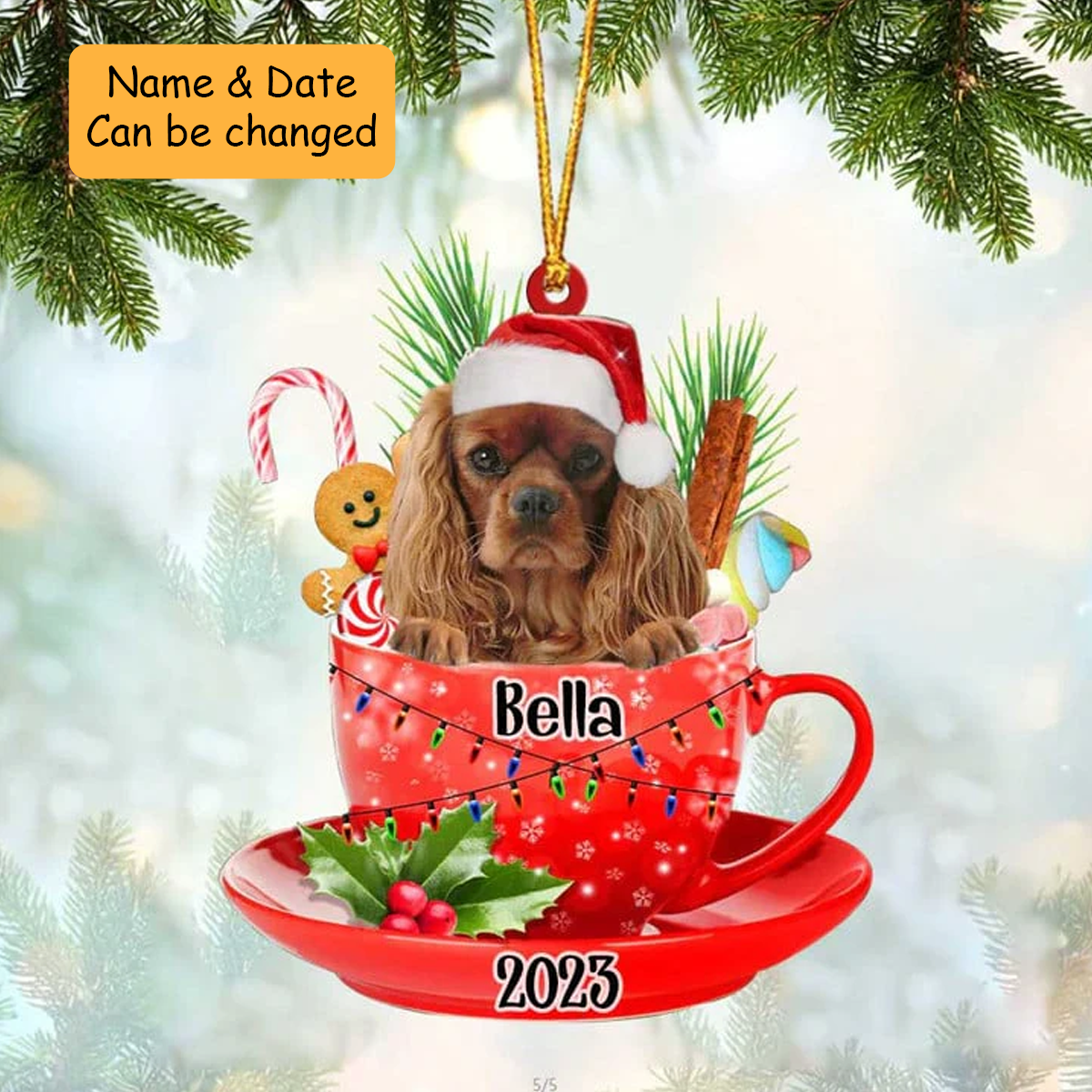 Customized Awesome Cavalier King Charles Spaniel Dog Santa Hat In Red Cup Acrylic Ornament, Christmas Gifts Ornament for Dog Lover