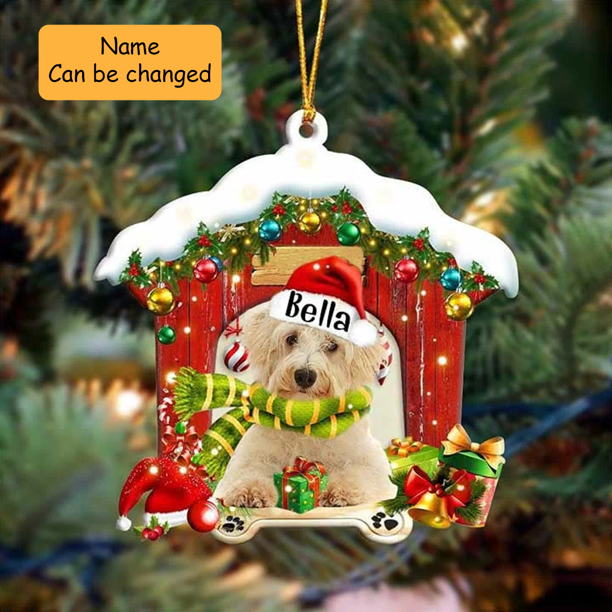 Custom Name Labradoodle In Red Wood House Acrylic Ornament Christmas Gift For Dog Lovers, Dog Mom