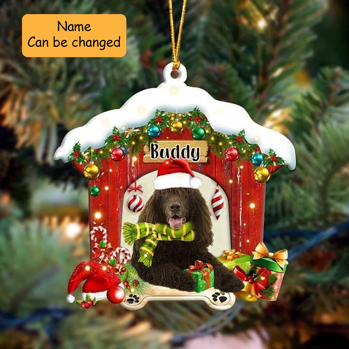 Custom Name Irish Water Spaniel In Red Wood House Acrylic Ornament Christmas Gift For Dog Lovers, Dog Mom
