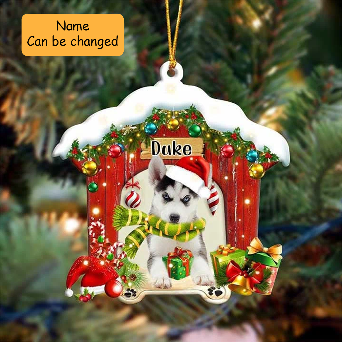 Custom Name Siberian Husky In Red Wood House Acrylic Ornament Christmas Gift For Dog Lovers, Dog Mom