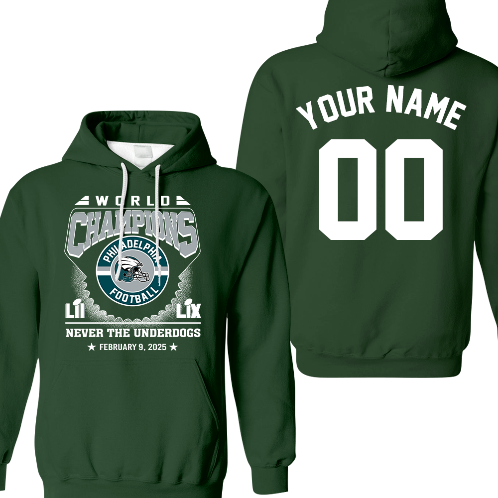 Personalized Philadelphia Football LIX World Champions T-Shirt, Never The Underdogs World Champions Super 2024-2025 Apparel