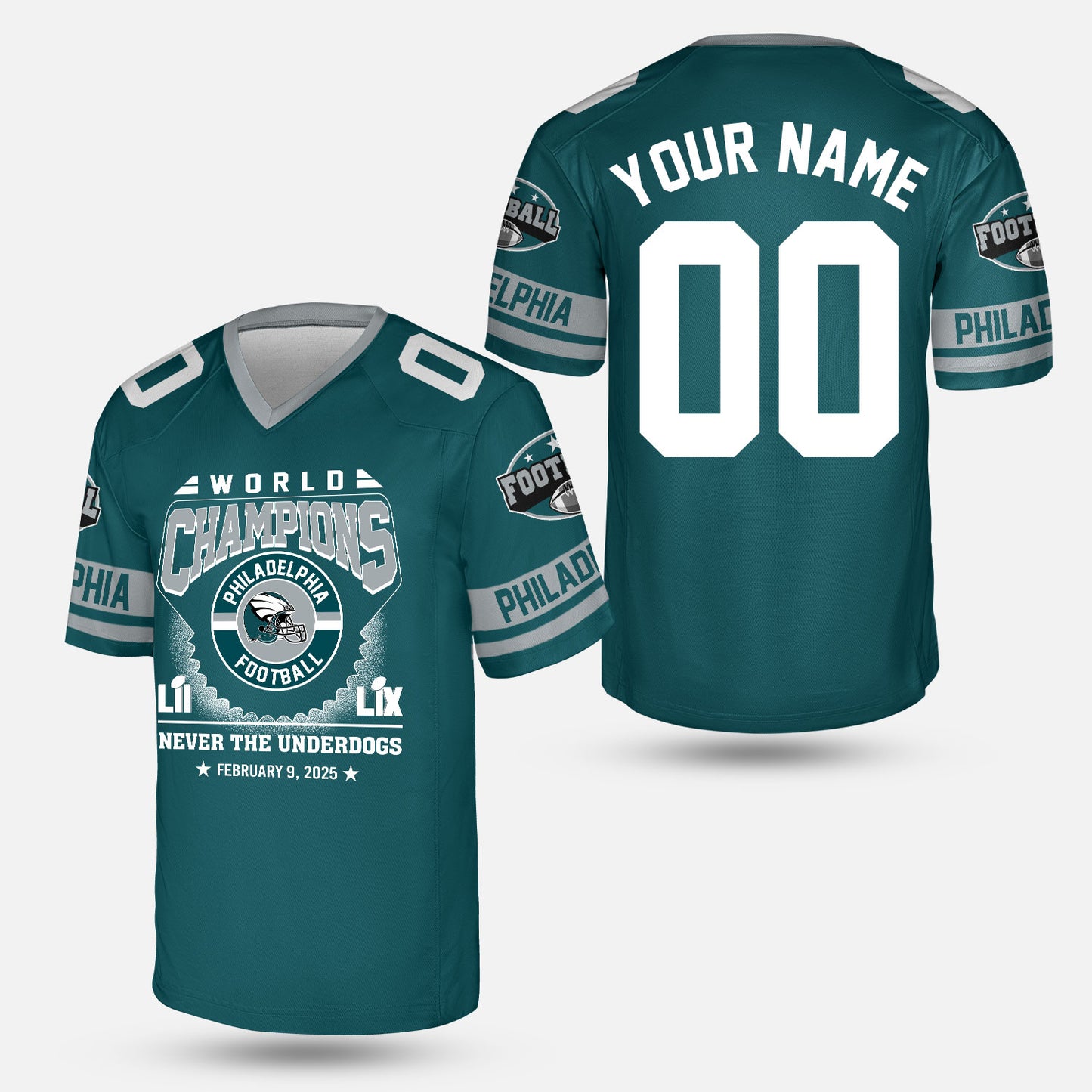 Customized Philadelphia Football 2x LII LIX World Champions Baseball Jersey Circle, Super LIX Champions Philadelphia Apparel - AOP