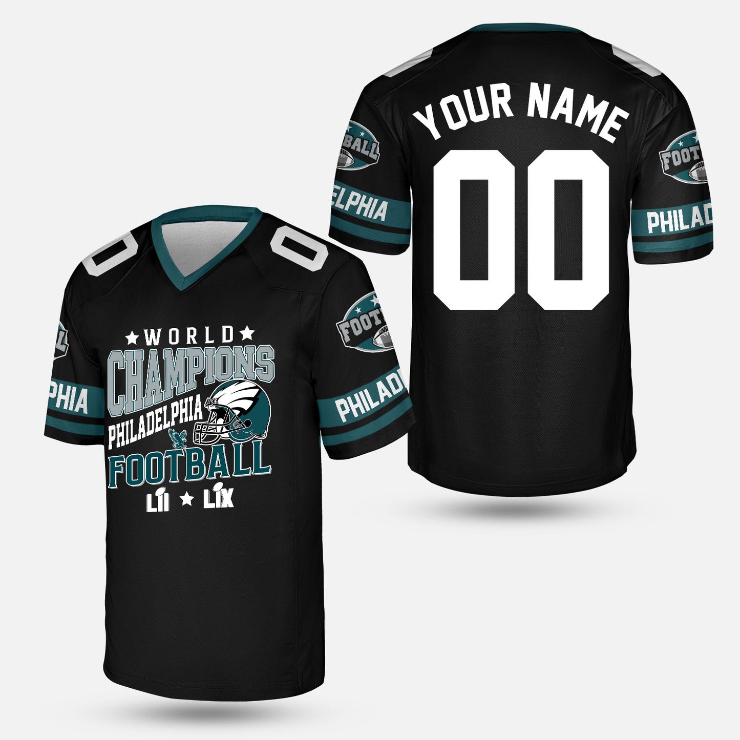 Customized Philadelphia Football 2x Super World Champions V-neck Jersey, Super LII LIX Champions Philadelphia Apparel - AOP