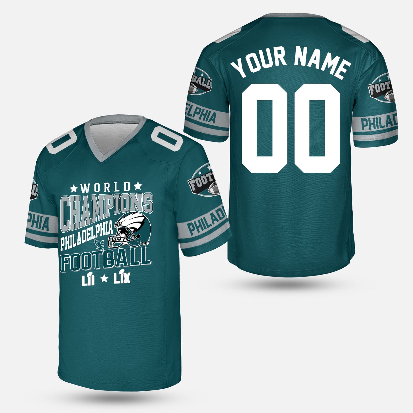 Customized Philadelphia Football 2x Super World Champions V-neck Jersey, Super LII LIX Champions Philadelphia Apparel - AOP