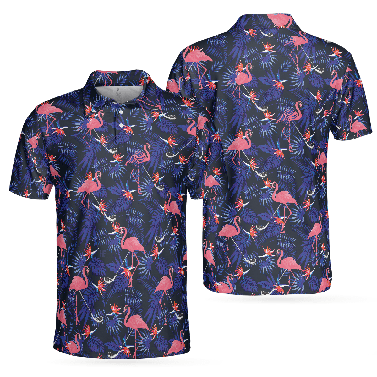 Men Golf Polo Shirt - Flower And Flamingo Golf Polo Shirt, Blue Flamingo Pattern Men Polo Shirt - Perfect Polo Shirt For Men, Golfers - Cerigifts