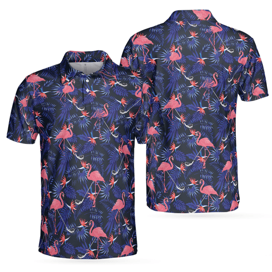Men Golf Polo Shirt - Flower And Flamingo Golf Polo Shirt, Blue Flamingo Pattern Men Polo Shirt - Perfect Polo Shirt For Men, Golfers - Cerigifts