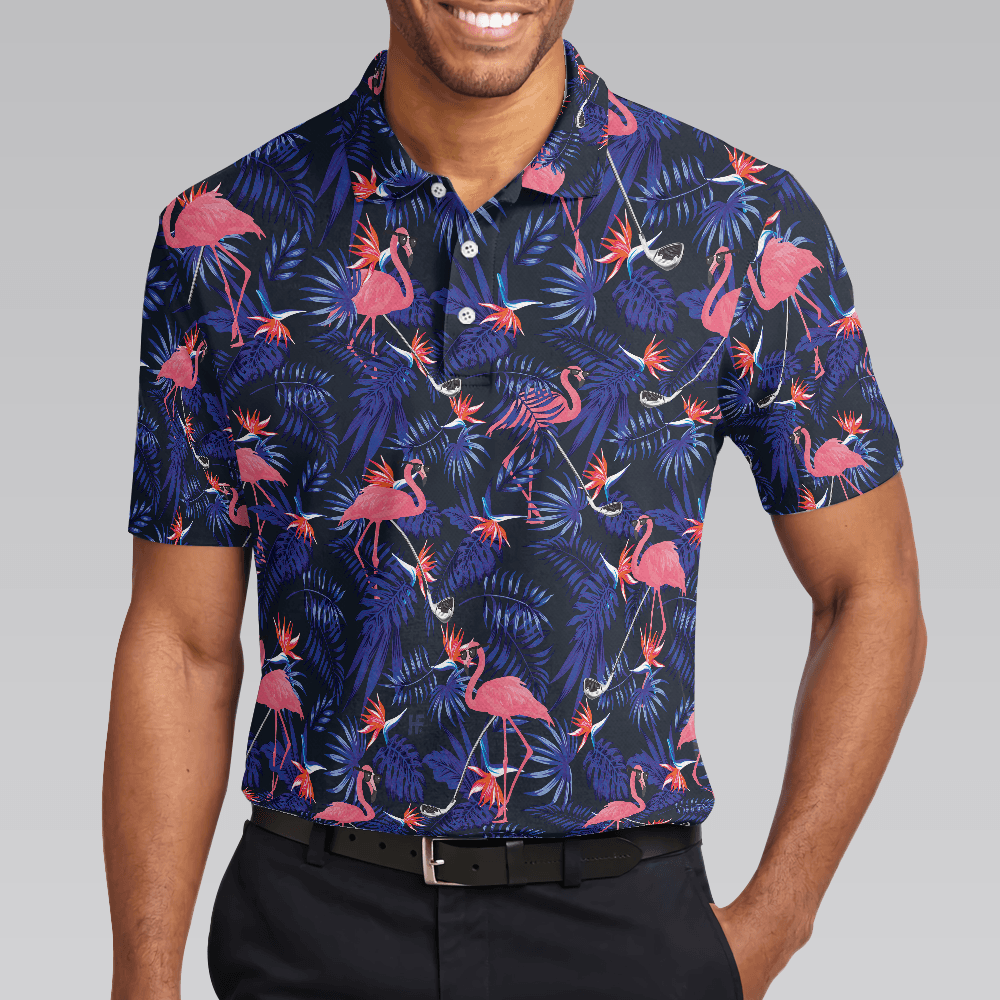 Men Golf Polo Shirt - Flower And Flamingo Golf Polo Shirt, Blue Flamingo Pattern Men Polo Shirt - Perfect Polo Shirt For Men, Golfers - Cerigifts