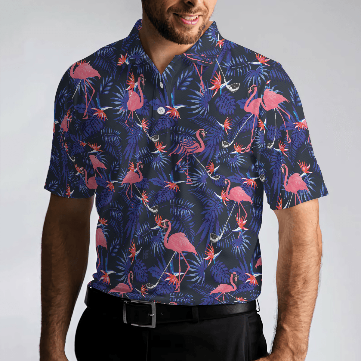 Men Golf Polo Shirt - Flower And Flamingo Golf Polo Shirt, Blue Flamingo Pattern Men Polo Shirt - Perfect Polo Shirt For Men, Golfers - Cerigifts