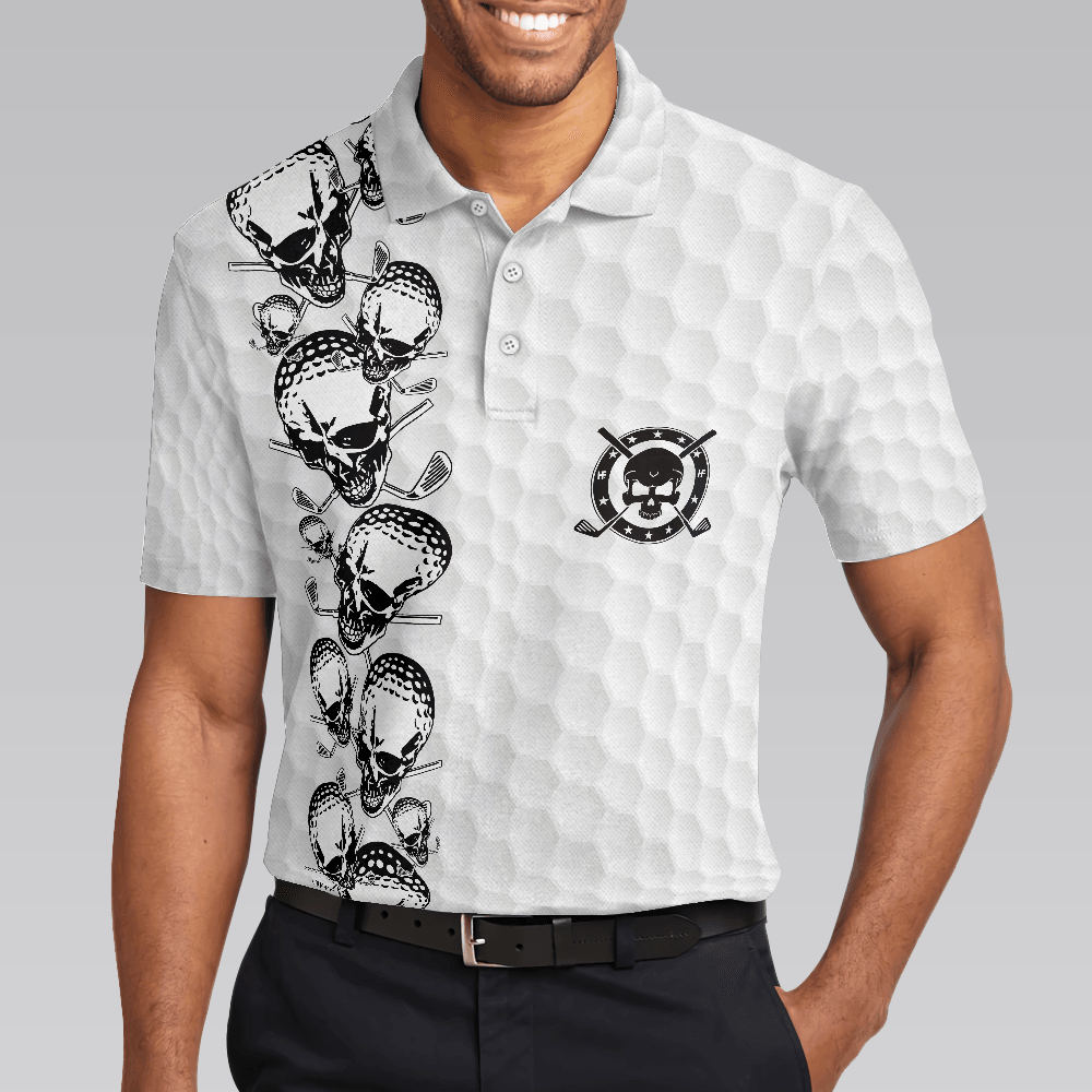 Men Golf Polo Shirt - Golfing Skull Golf Ball And Clubs, Golf Pattern Polo Shirt, Black And White Men Golf Polo Shirt - Perfect Polo Shirt For Men, Golfers - Cerigifts