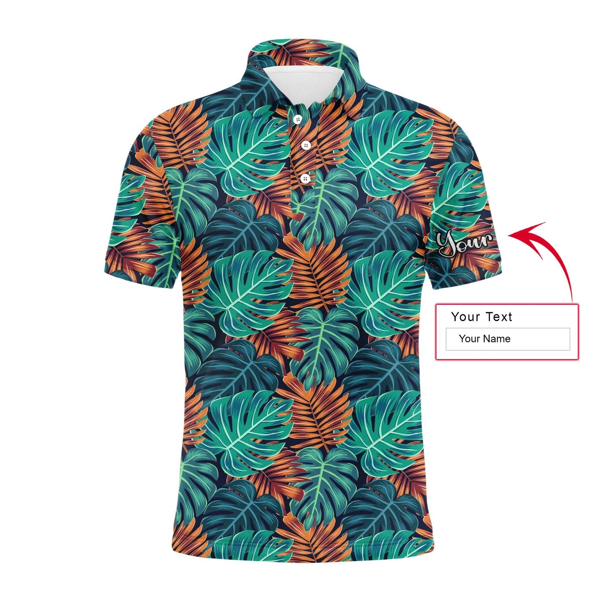 Men Golf Polo Shirt - Monstera And Palm Leaves Nature Tropical Pattern Custom Name Golf Men Polo Shirt - Personalized Gift For Golf Lover, Team, Golfer - Cerigifts