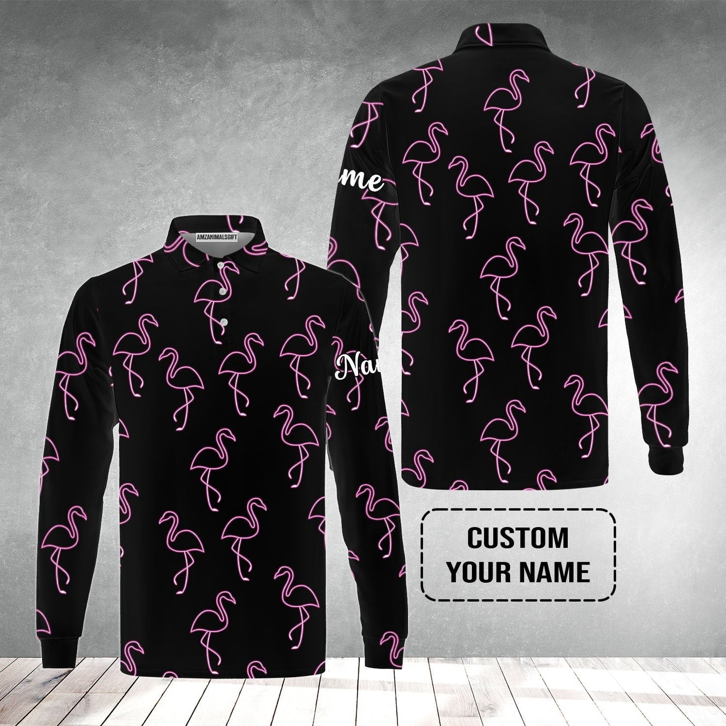 Flamingo Golf Sweatshirt - Custom Name Neon Pink Flamingos Pattern Apparel - Personalized Gift For Golf Lover, Team, Husband, Boyfriend, Men