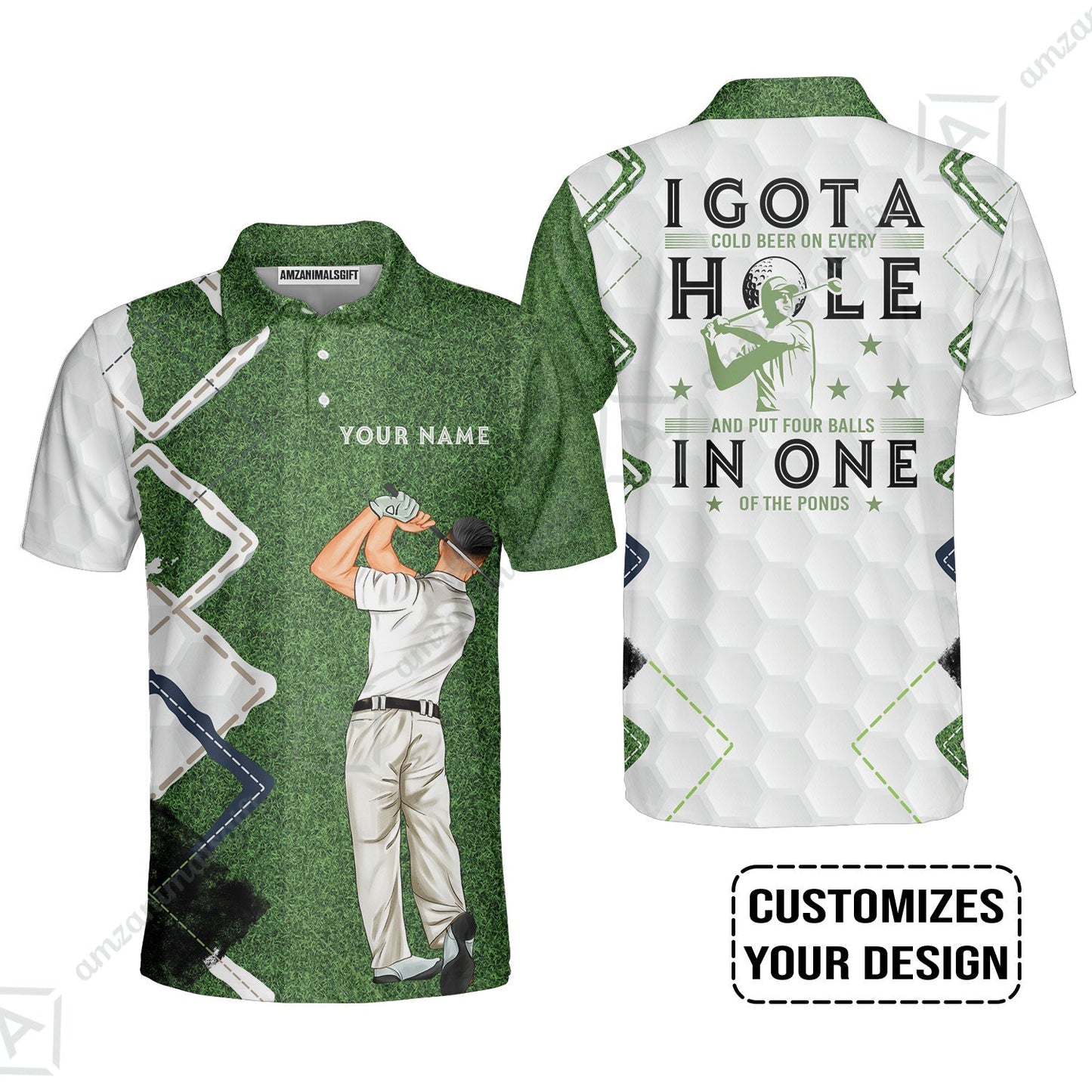 Golf Custom Polo Shirt, Green Argyle Golf Men Polo Shirt, I Got A Cold Beer On Every Hole In One Golf Personalized Polo Shirts