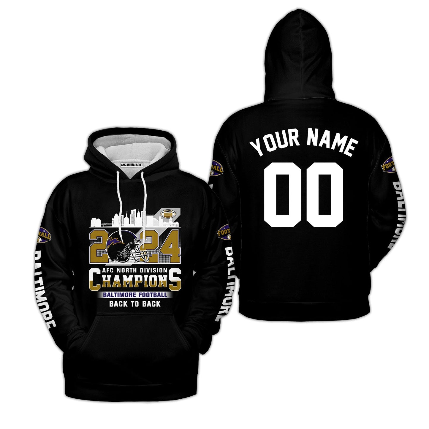 2024 Baltimore Football AFC North Division Champions Skyline Custom Hoodie, 2024 AFC North Champs Champions Custom Double Sided Hoodie