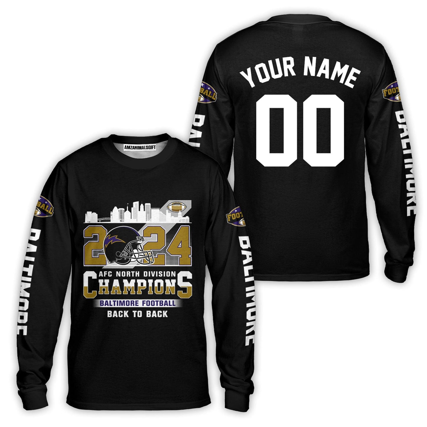 2024 Baltimore Football AFC North Division Champions Skyline Custom V-neck Jersey, 2024 AFC North Champs Champions Custom 2 Sided V-neck Jersey Shirts