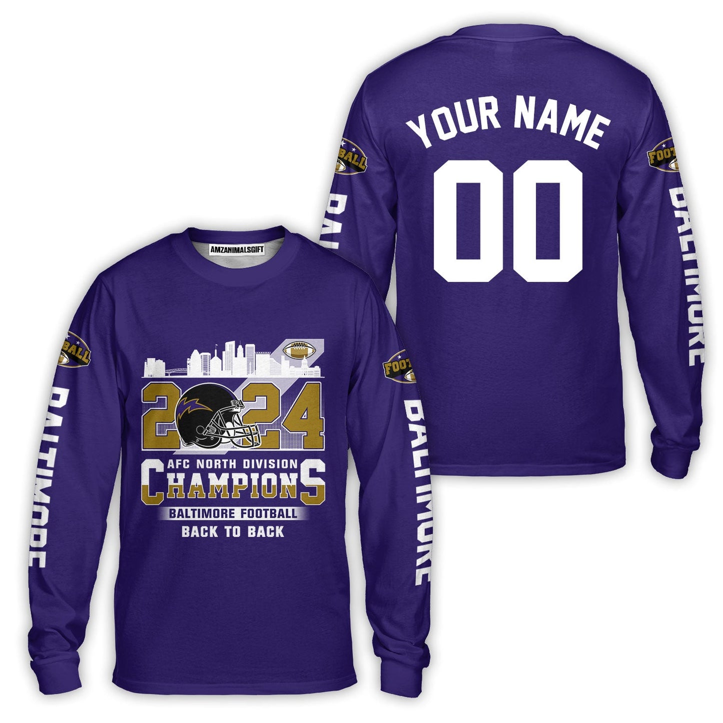 2024 Baltimore Football AFC North Division Champions Skyline Custom Long Sleeve, 2024 AFC North Champs Champions Custom Double Sided Long Sleeve Shirt