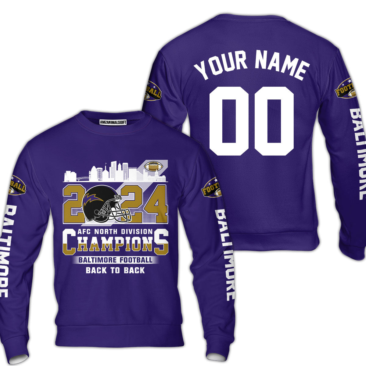 2024 Baltimore Football AFC North Division Champions Skyline Custom Sweatshirt, 2024 AFC North Champs Champions Custom Double Sided Sweatshirt