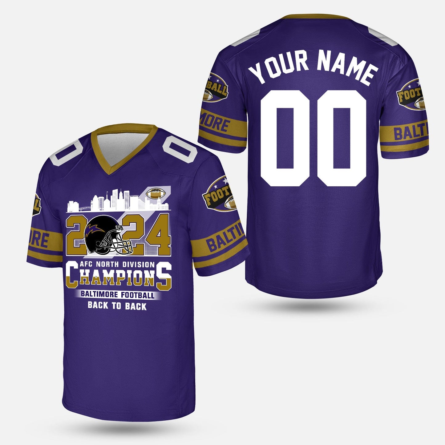 2024 Baltimore Football AFC North Division Champions Skyline Custom V-neck Jersey, 2024 AFC North Champs Champions Custom 2 Sided V-neck Jersey Shirts