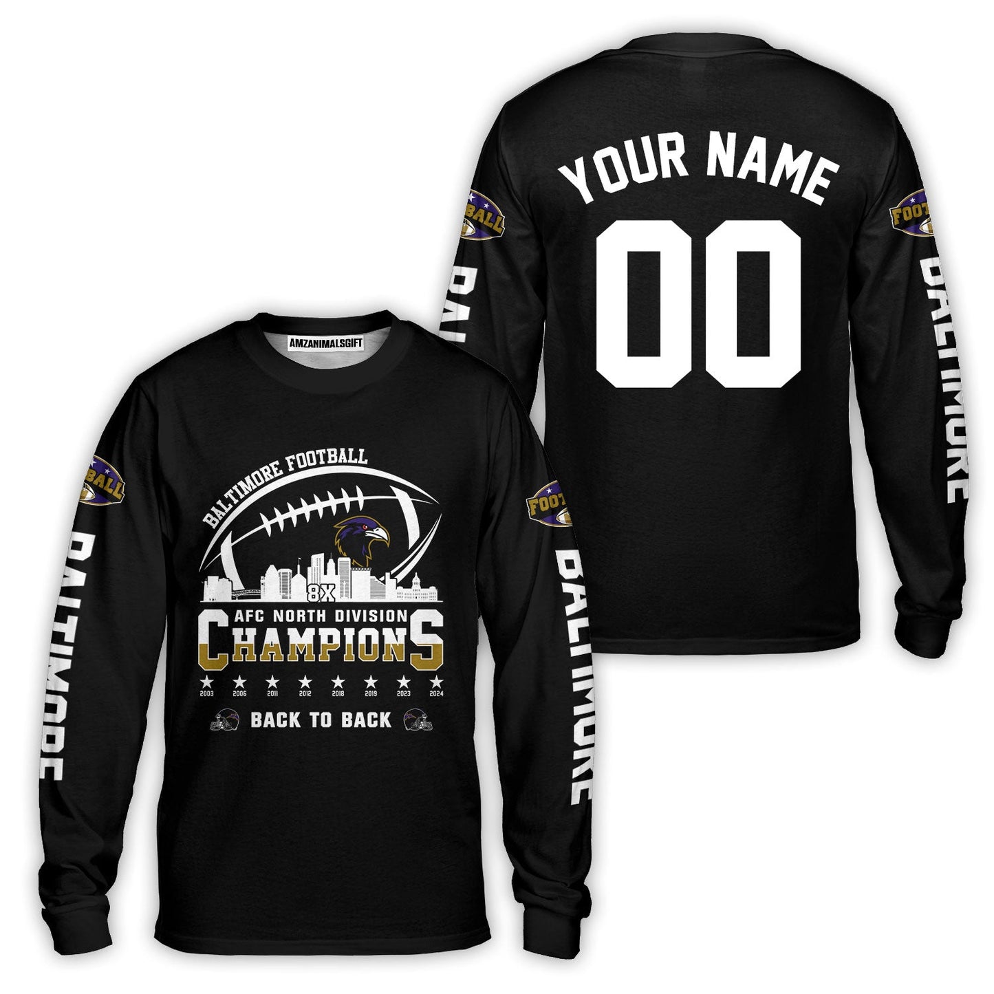 Custom Baltimore Football 2024 AFC North Division Champions Skyline Baseball Jersey, 2024 AFC North Champs Champions Custom 2 Sided Baseball Jersey