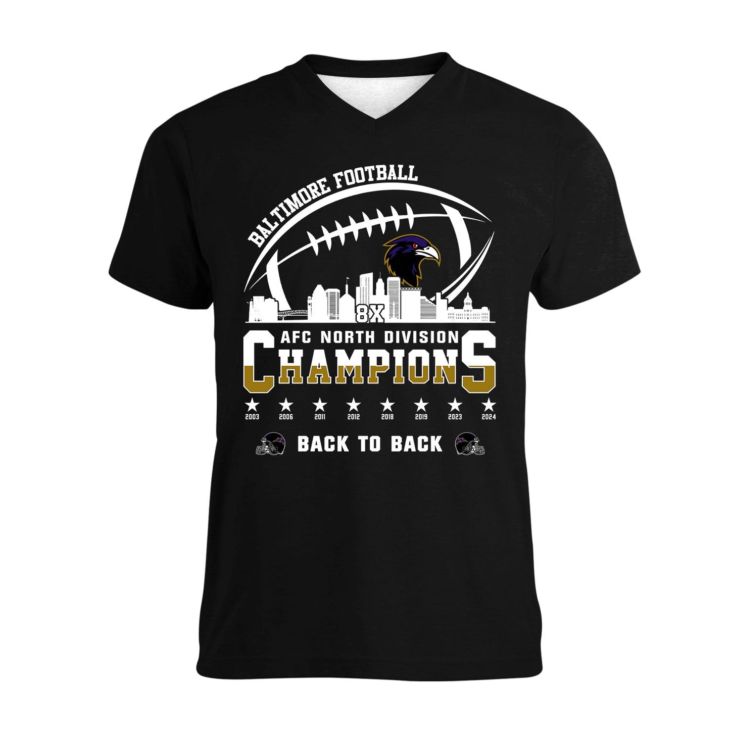Baltimore Football 2024 AFC North Division Champions Skyline V-neck Shirt, 2024 AFC North Champs V-neck Shirts For Baltimore Football Fans