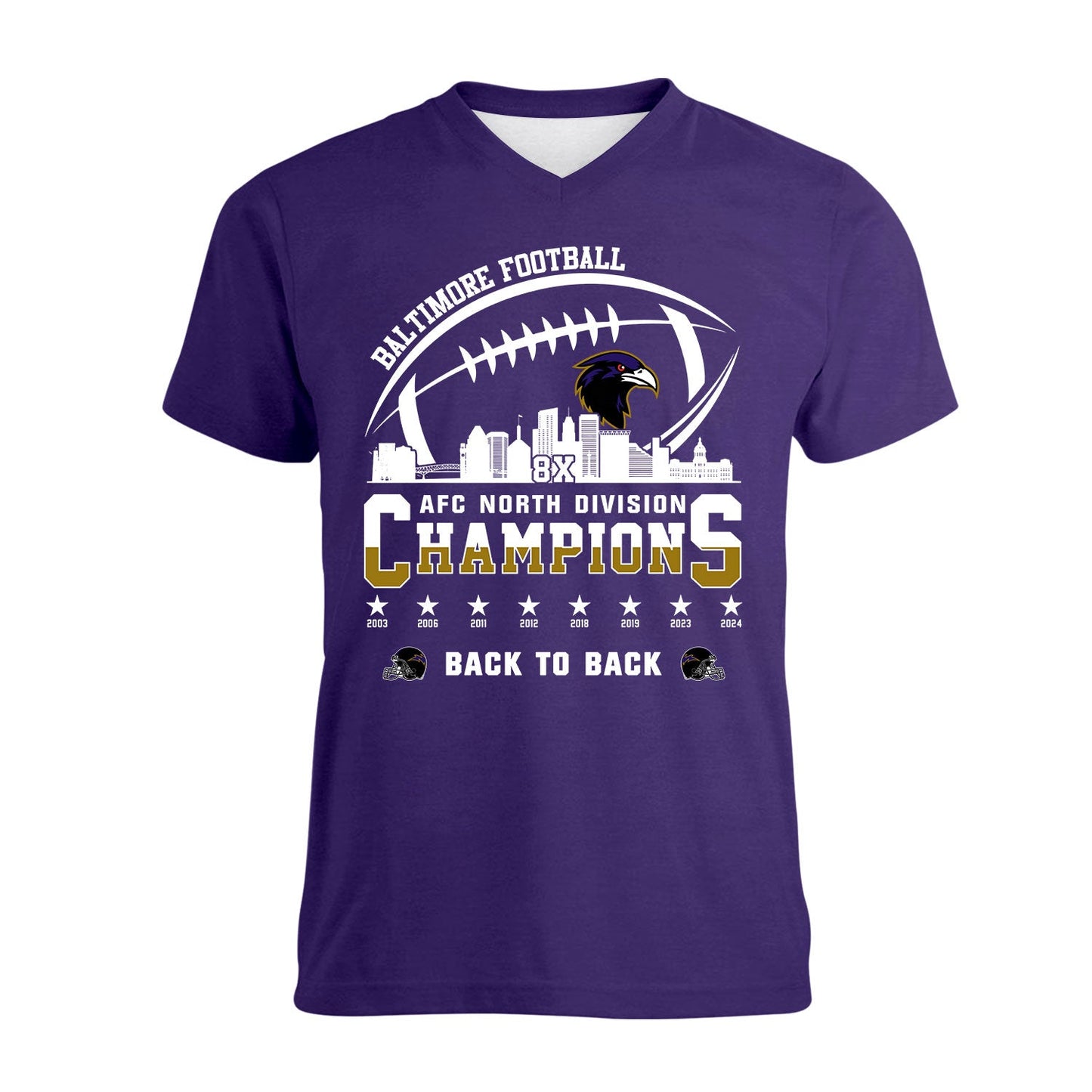 Baltimore Football 2024 AFC North Division Champions Skyline V-neck Shirt, 2024 AFC North Champs V-neck Shirts For Baltimore Football Fans