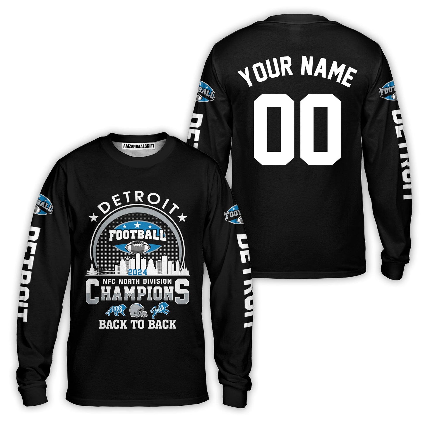 Personalized Detroit Football 2024 NFC North Division Champions Skyline Long Sleeve Shirt, NFC North Detroit Champs Shirts