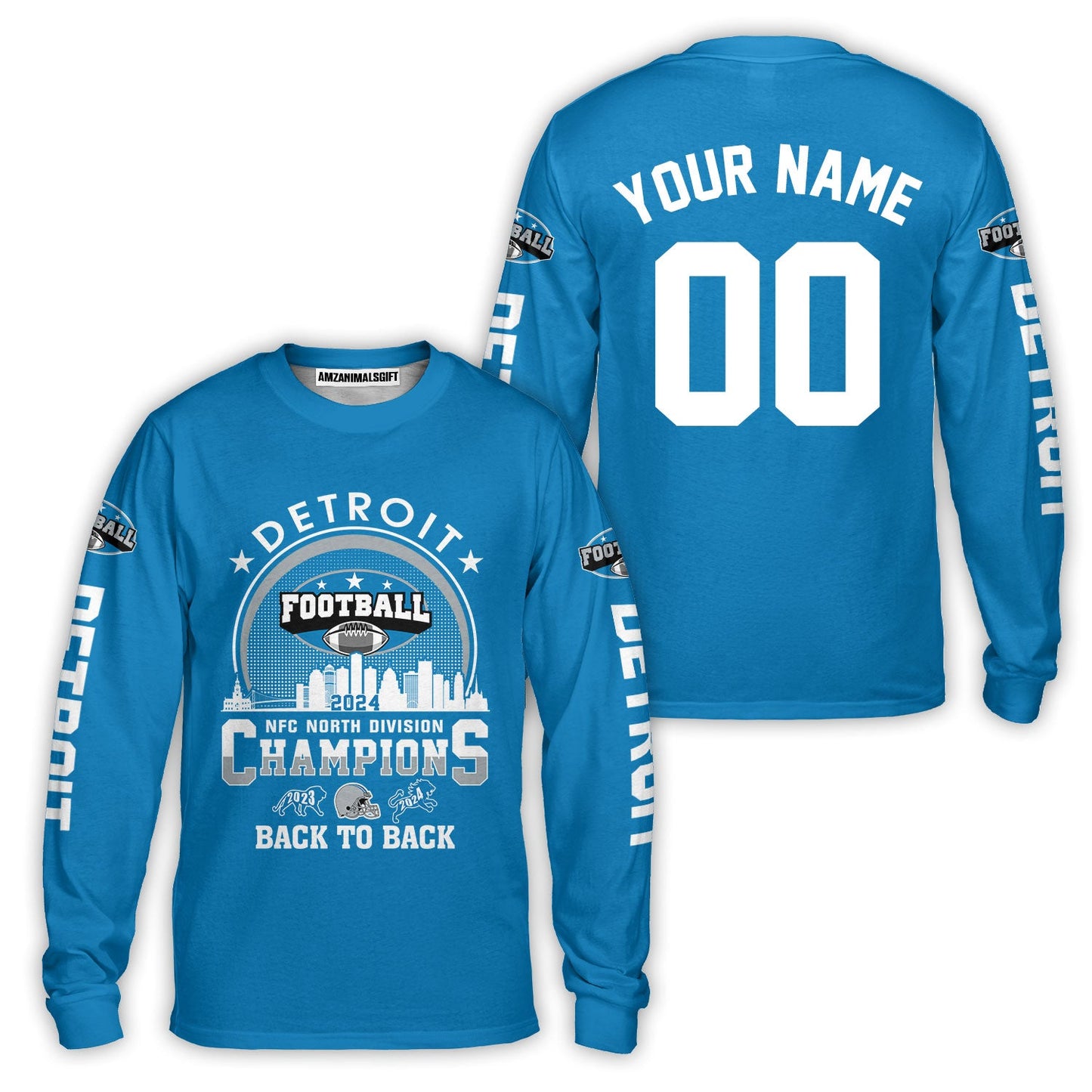 Personalized Detroit Football 2024 NFC North Division Champions Skyline Long Sleeve Shirt, NFC North Detroit Champs Shirts