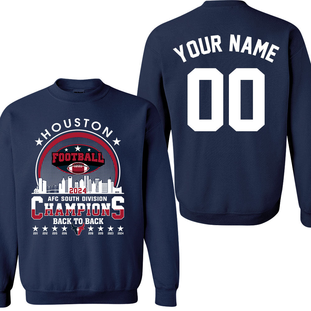 Houston American Football 2024 AFC South Champions Skyline double sided Sweatshirt, Houston Football 2024 Division Champion 2 sided Sweatshirt