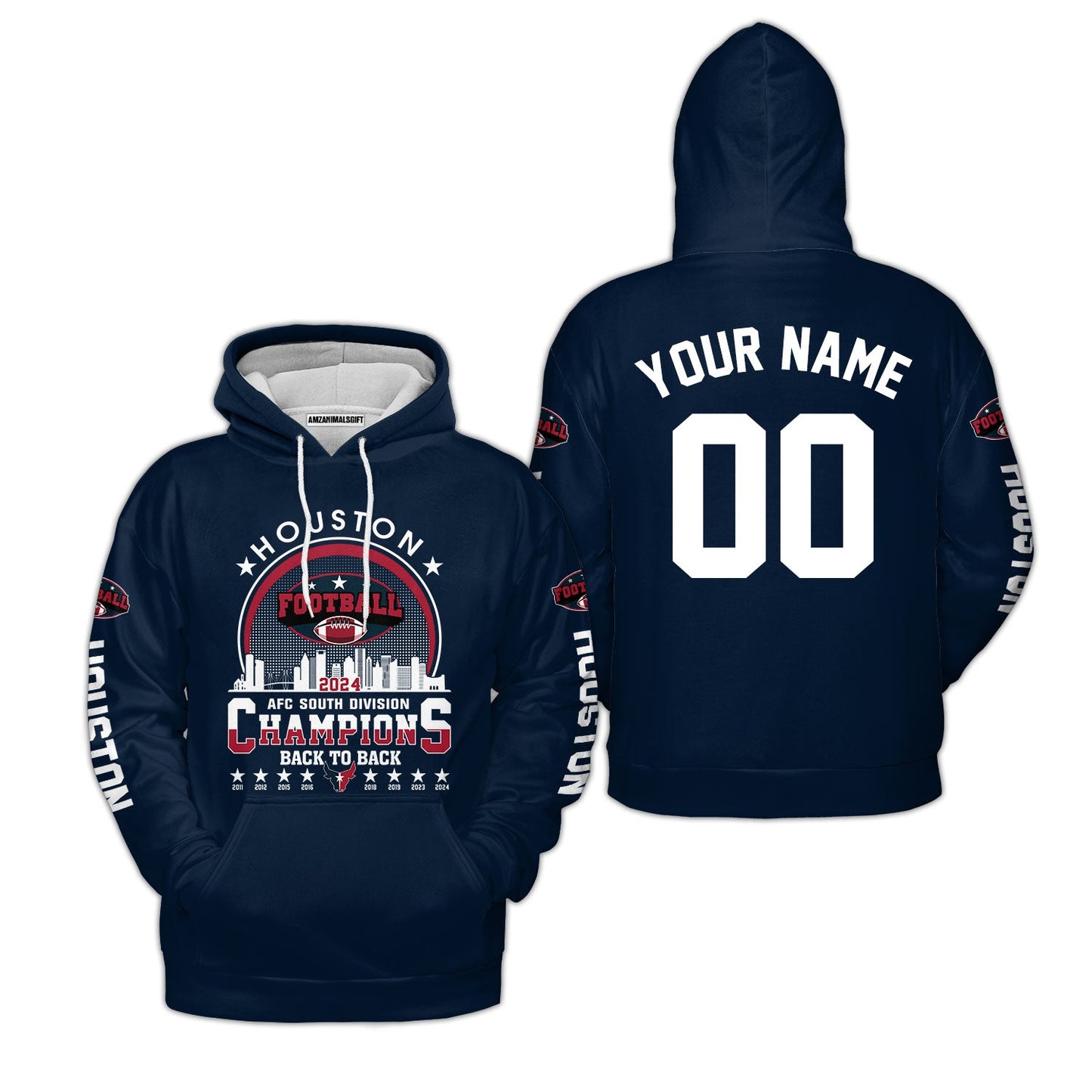 Houston American Football 2024 AFC South Champions Skyline Custom Hoodie, Custom Houston Football Skyline 2024 Division Champion Hoodie AOP